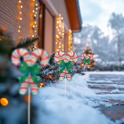 Set of 3 Lighted Holographic Candy Cane Christmas Pathway Markers 25.5"
