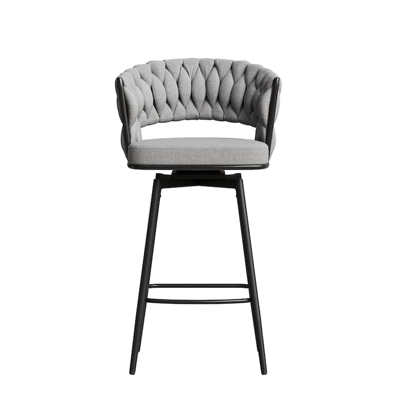 360° Swivel Bar Chairs Set of 2, with Upholstered Woven Backrest, Pub Chairs wMetal Leg Footrest Bar Chairs Bar Seating