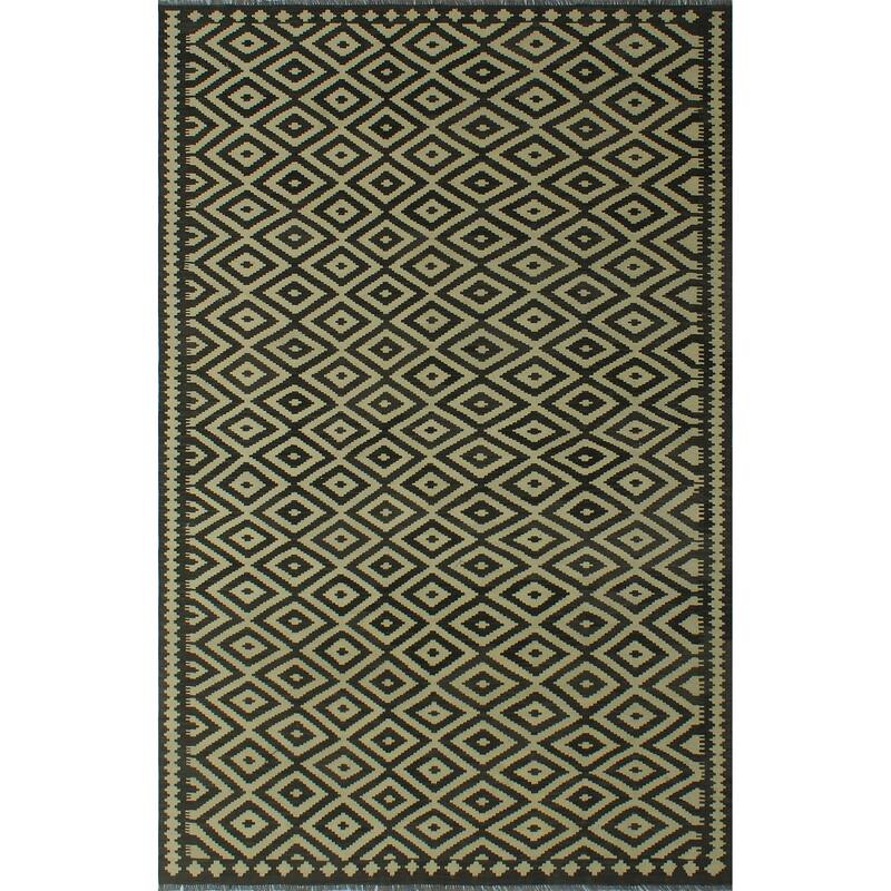 Hand-Woven Sangat Kilim Umayma Ivory/Black Rug - 6'3" x 9'7"