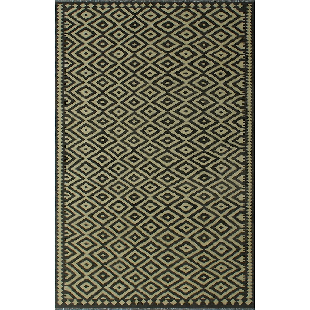 Hand-Woven Sangat Kilim Umayma Ivory/Black Rug - 6'3" x 9'7"