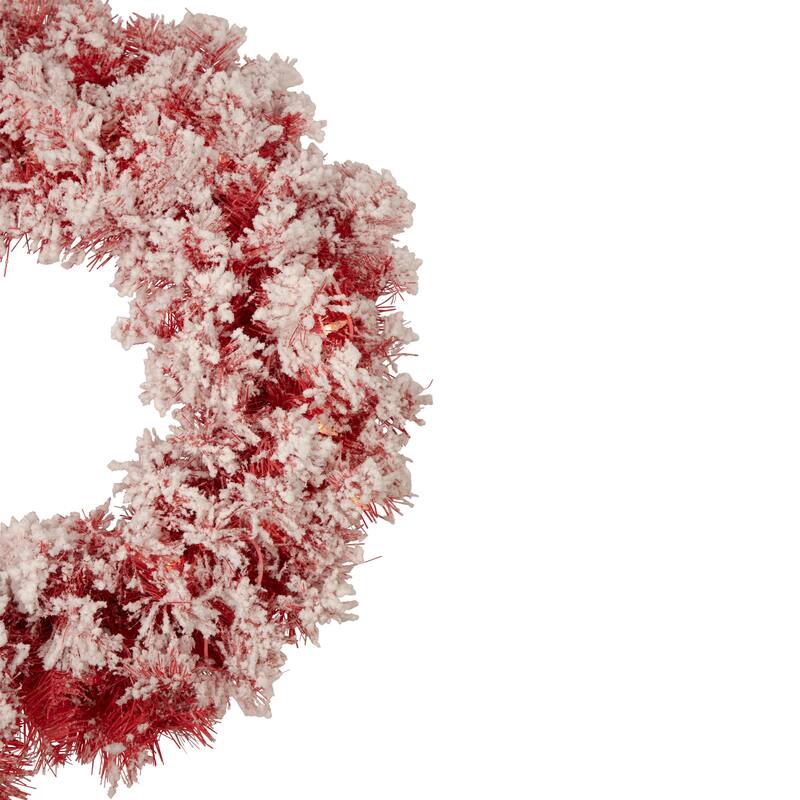 Pre-Lit Flocked Artificial Christmas Wreath - 24" - Red - Clear Lights