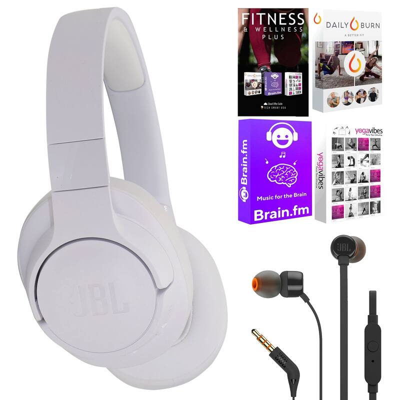 JBL Tune 770NC Noise-Cancelling Over-Ear Headphones (White) + JBL T110 in Ear Headphones + Fitness and Wellness Plus Software - White