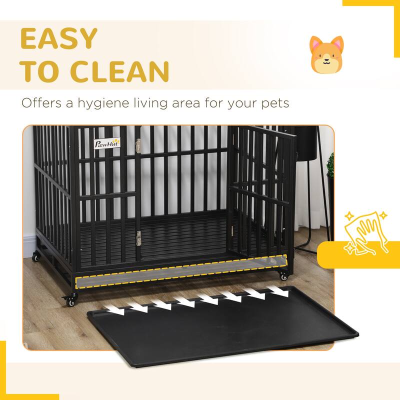 Heavy Duty Dog Crate with Lockable Wheels, Large Metal Dog Kennel Cage for Large Dogs, Pet Crate with Removable Tray