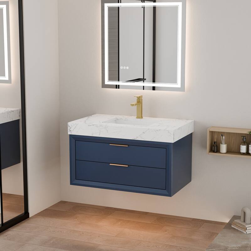 Modland 36" Wall-Mount Vanity with LED Light & 2 Soft-Close Drawers - Solid Oak, Black,White,Blue,Green - 36 inch