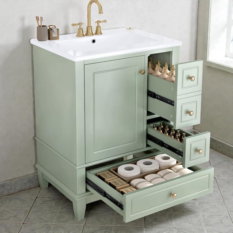 24" Green Bathroom Vanity with Ceramic Sink, Freestanding Cabinet with 3 Drawers and Side Storage Shelves