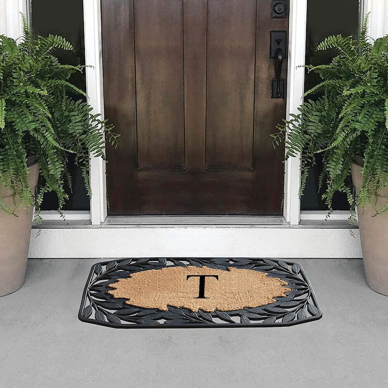 A1HC Rubber and Coir Stylish Leaf Border Large Outdoor Durable Monogrammed Doormat, Black - 23" X 38"