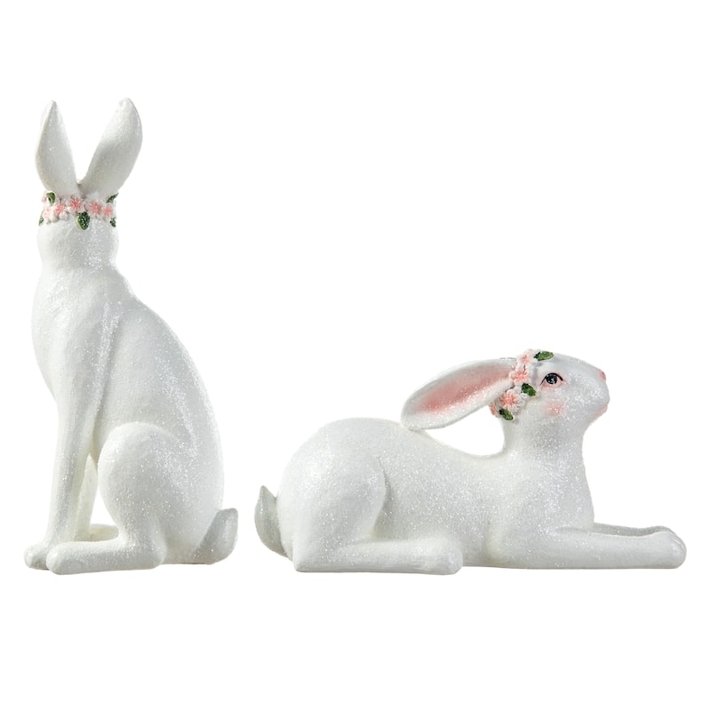 Glitzhome Set of 2 Easter Resin Bunny Table Decor Rabbits Figurines Party Ornaments