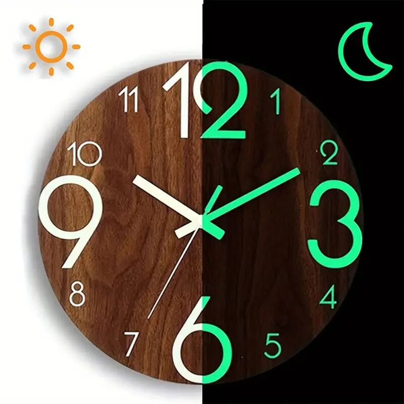12 Inch Silent Wooden Wall Clock Glow in Dark for Home Decor - 12 Inch Dia.
