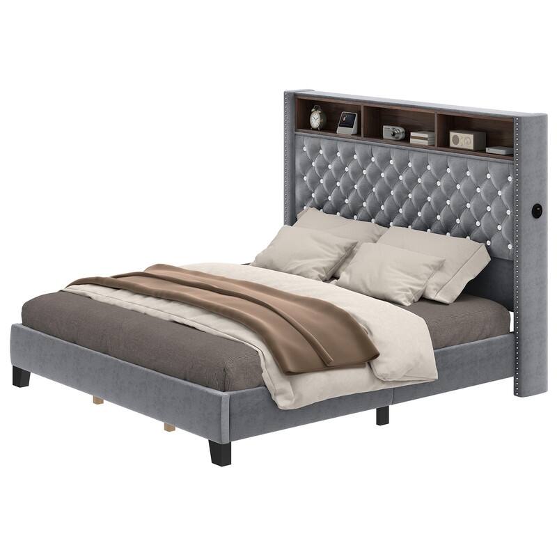 Moasis King Size Velvet Upholstered Bed Frame with Storage Headboard with USB Charging Stations