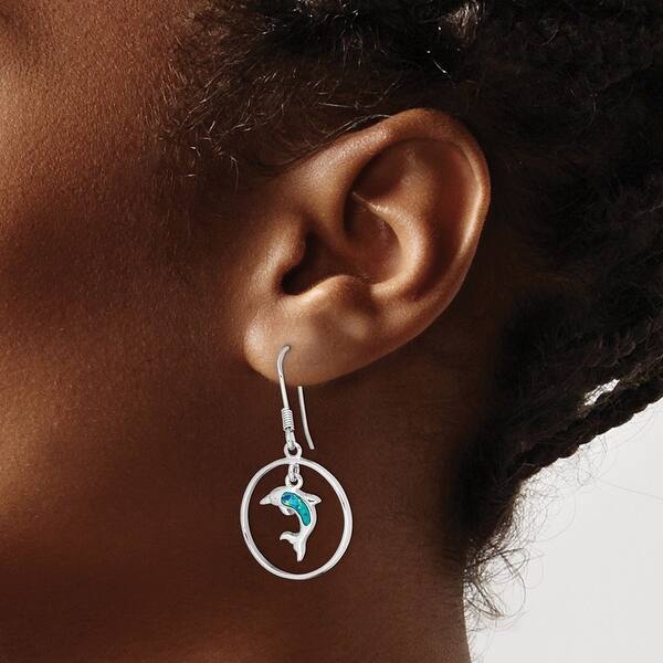 Sterling Silver Circle With Blue Opal Dolphin Dangle Earrings Sterling Silver Circle With Blue Opal Dolphin Dangle Earrings