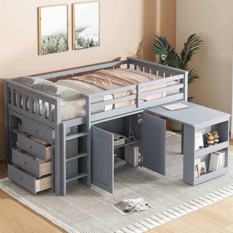 Roomfitters Twin Rubber Wood Loft Bed with Storage Cabinets, Pull-Out Desk, Safety Guardrail and Ladder