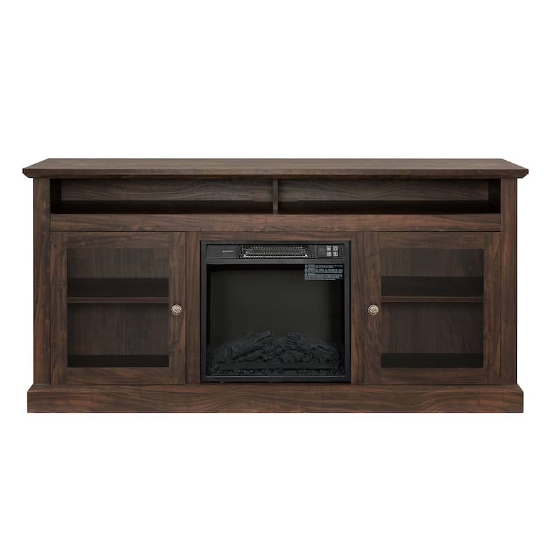 Entertainment Center with Electric Fireplace, Wood TV Stand with Glass Door, Media Console Table with Open Shelves