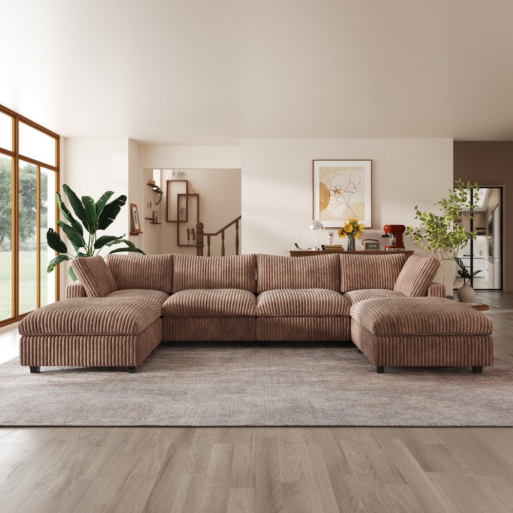 157.48'' Cloud Modular Sectional Sofa Oversized U-Shaped Striped Plush Couch for Living Room Set