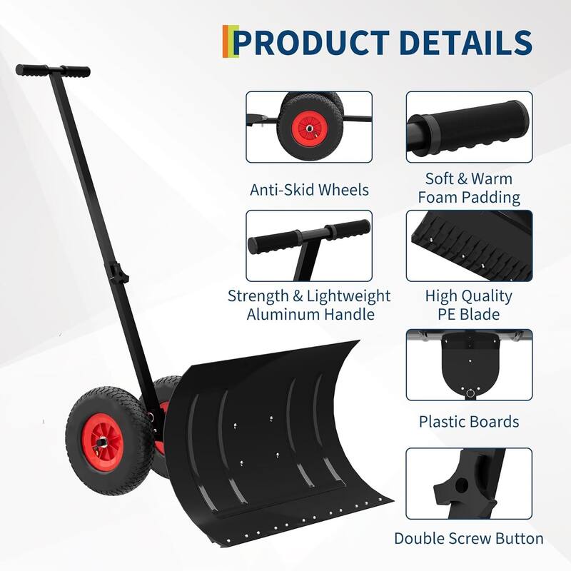 29* 13.8 in Heavy Duty Snow Shovel Pusher with Wheels for Driveways, Sidewalks & Courtyards