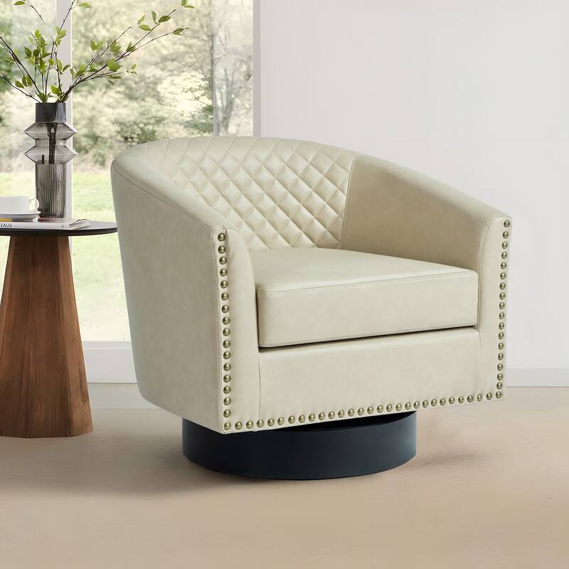 Modern Armchair Faux Leather Nailhead Trim Swivel Accent Chair - Beige/Swivel