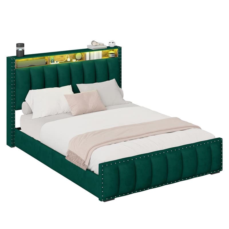 Moasis Full/Queen/King Velvet Upholstered Platform Bed Bedframe with Charging Station and 4 Storage Drawers