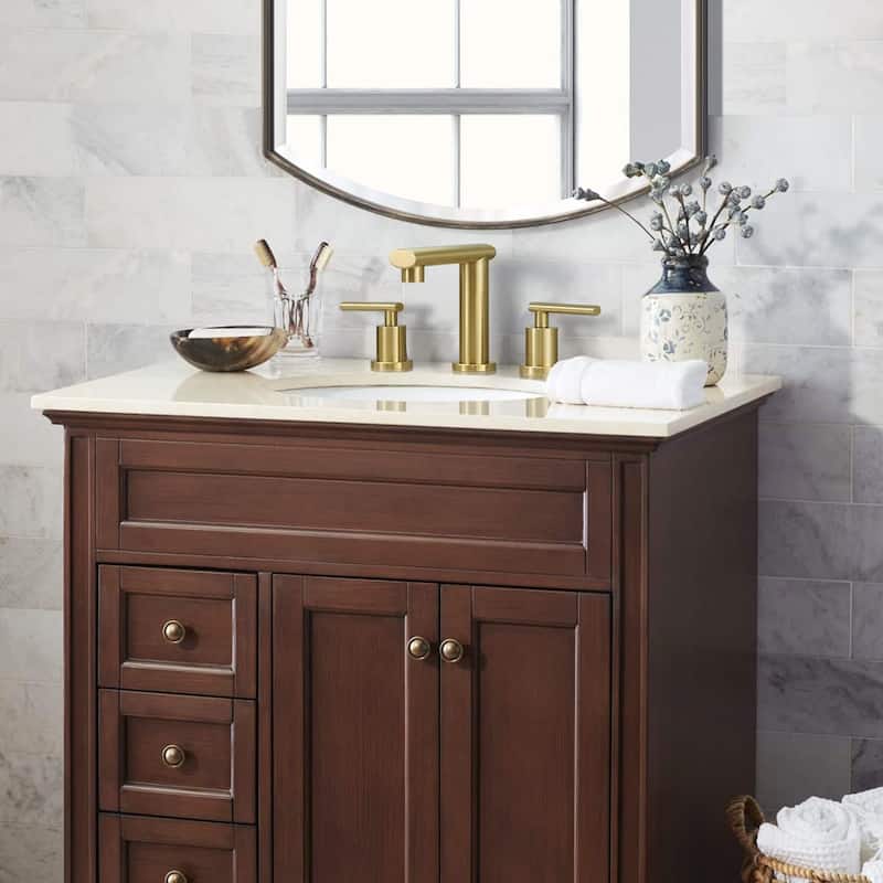 Brushed Gold 3-Hole Low-Arch 8 Inch Widespread Bathroom Faucet, Vanity Sink Faucet with Metal Pop Up Drain Assembly
