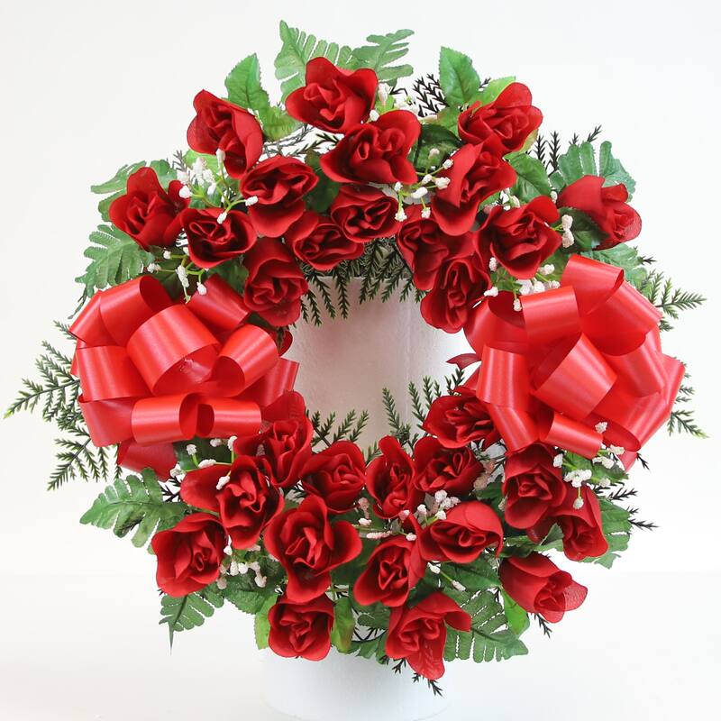 Memorial Rosebud & Gypsophilia Cemetery Wreath - N/A - Red