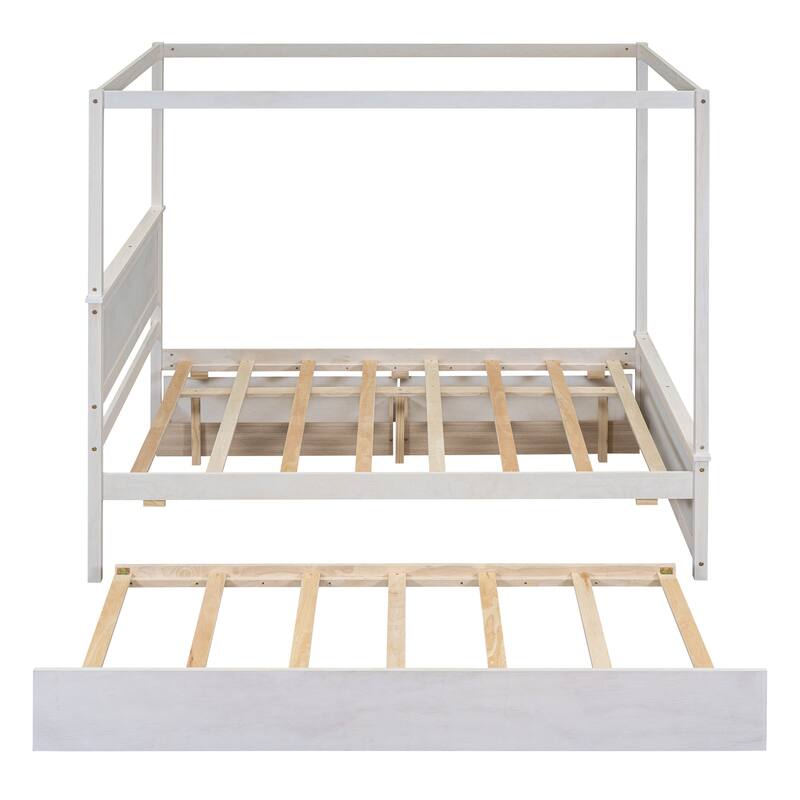 Canopy Platform Bed with Trundle and 2 Drawers, Support Slats