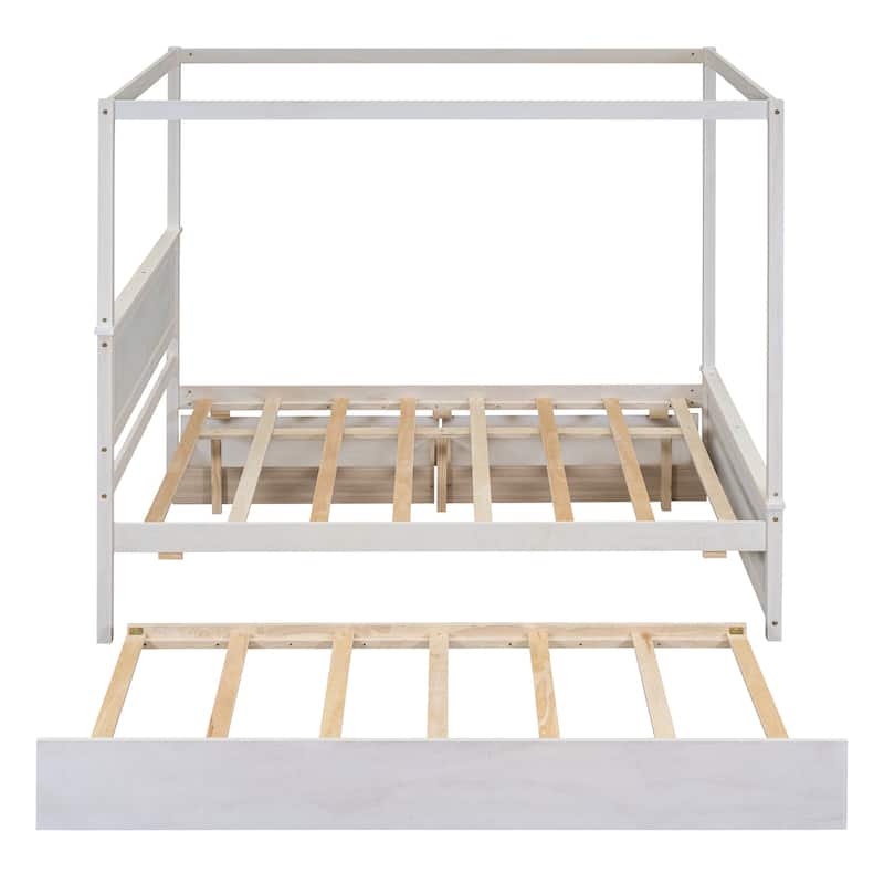 Full Size Canopy Bed with Trundle Wood Platform Bed Frame and 2 Drawers Upholstered Bed, Storage Bed with Support Slats