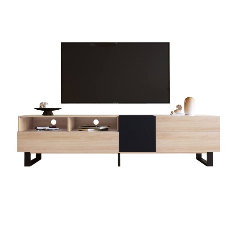 Modern TV Stand, for TVs Up to 80 Inches with Open Shelving, 2 Drawers and Drop-Down Door, for Living Rooms