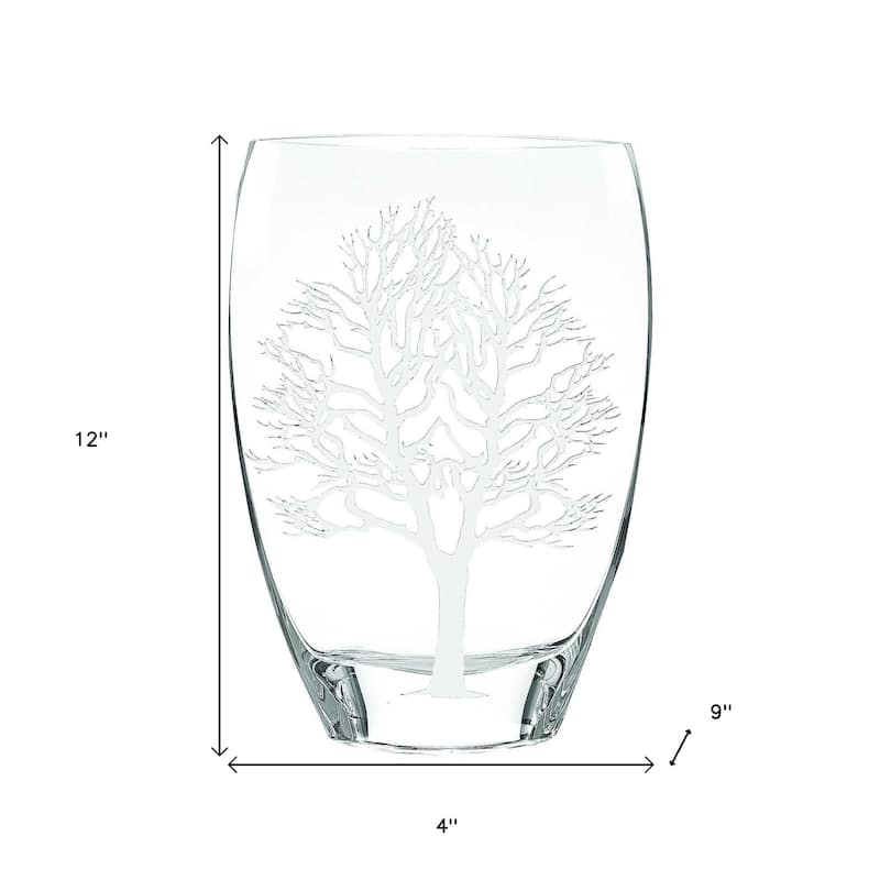 HomeRoots 12" Clear And White Tree Of Life Oval Lead Free Crystal Table Vase