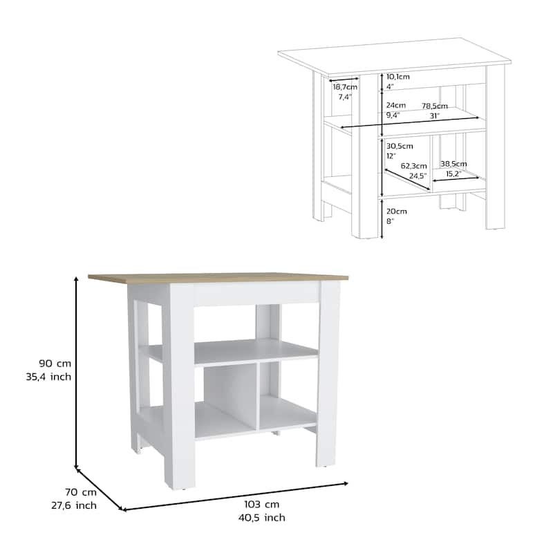 Kitchen Island, kitchen table 35" H, 3 Open Shelves, White/Macadamia