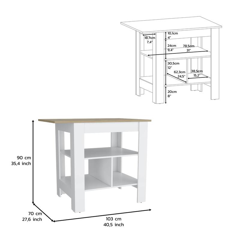 Modern Kitchen Island with 3 Shelves, 35" High, White/Macadamia, Large Workspace