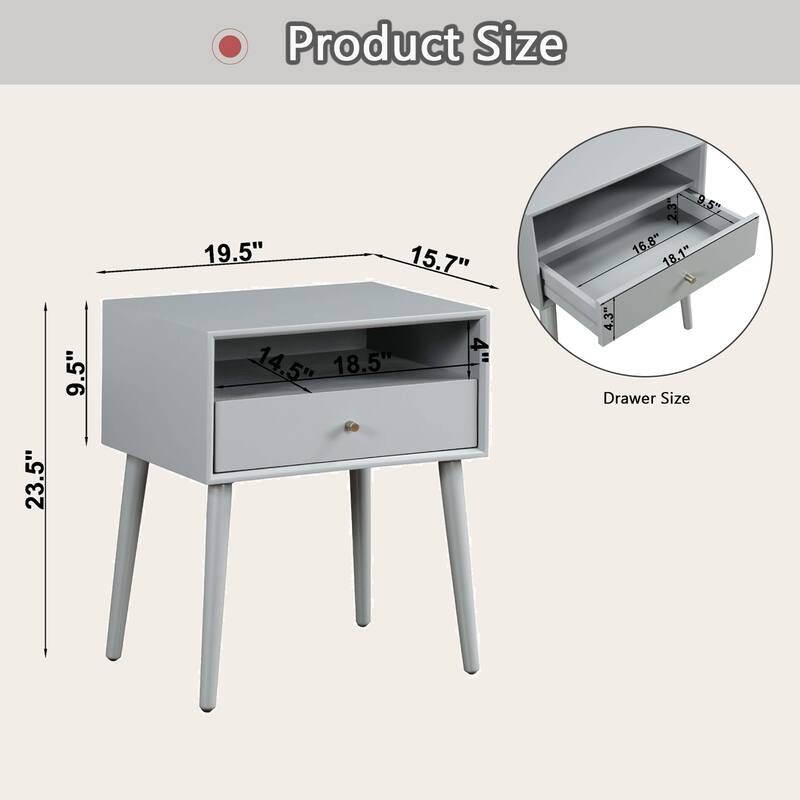Night Stand with Drawer,Modern Nightstand,Bedside Tables,Mid Century Nightstands with Open Storage Shelf