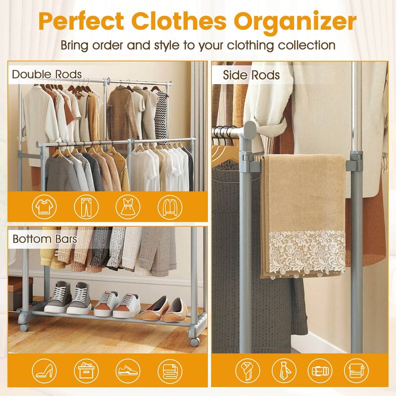 Costway Double Rod Clothes Rack with Extendable Height & Width for - Silver - See Details