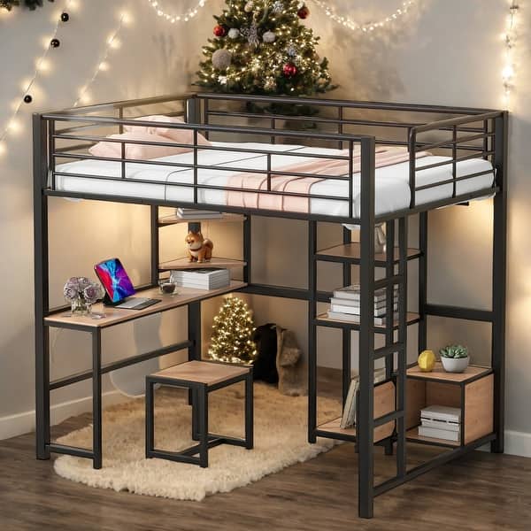 slide 2 of 10, Industrial Modern Full Size Loft Bed with Desk and Stool, Metal Loft Bed with Open-Style Wardrobe, Shelves and Cabinet, Black Black