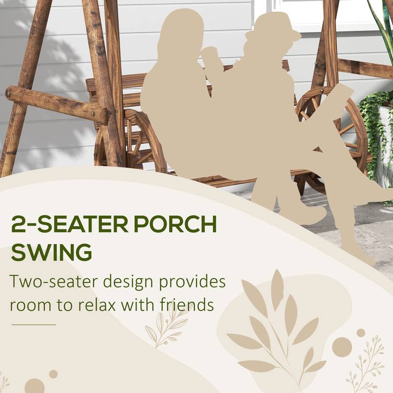 2-Person Wooden Patio Swing Chair with Adjustable Seat Height and Wagon Wheel Design for Backyard - 78.75" W x 54" D x 65.75" H