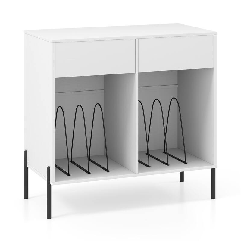 Modern Record Stand with USB Charging Station and 2 Drawer Storage Vinyl Album Organizer Shelf - 31.5" x 16" x 30.5"