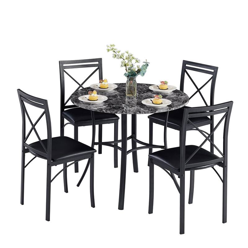 VECELO Round Dining Table, Metal Frame Dining Chairs, Modern Dining Table and Chairs Set for 2-4 People, 3 Options - Dining Table Set - Marble black