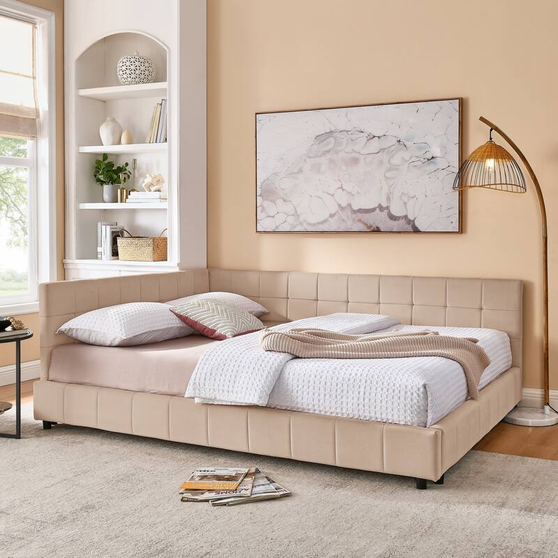 L-shaped Velvet Upholstered Daybed Tufted Sofa Bed with Soft Backrest Armrests - and Optional Corner Storage Day Bed