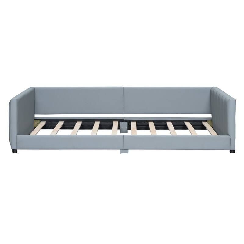 Queen Size & Twin XL Size Upholstered Platform Bed with Headboard, PU Leather Mother & Child Grounded Bed Floor Montessori Bed