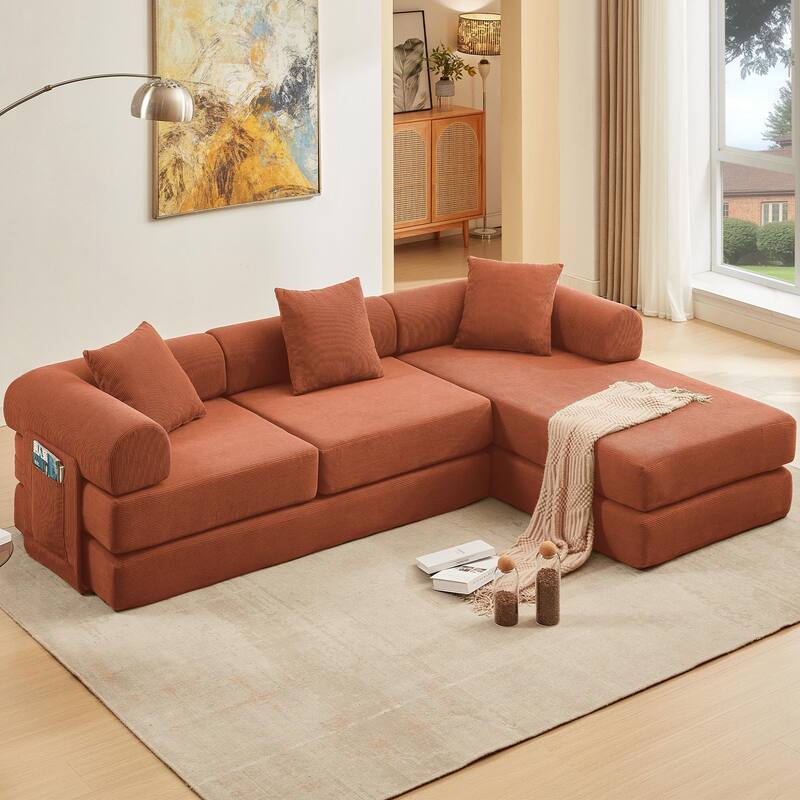 107" Orange Corduroy Modular Sectional Sofa Bed, 7-in-1, No Assembly