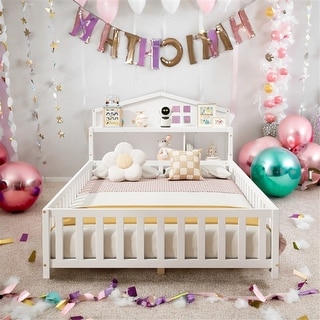 Full-Size Montessori Floor Bed with Bookcases & Blackboards, Solid Wood Design for Kids with Guardrails & Storage, White