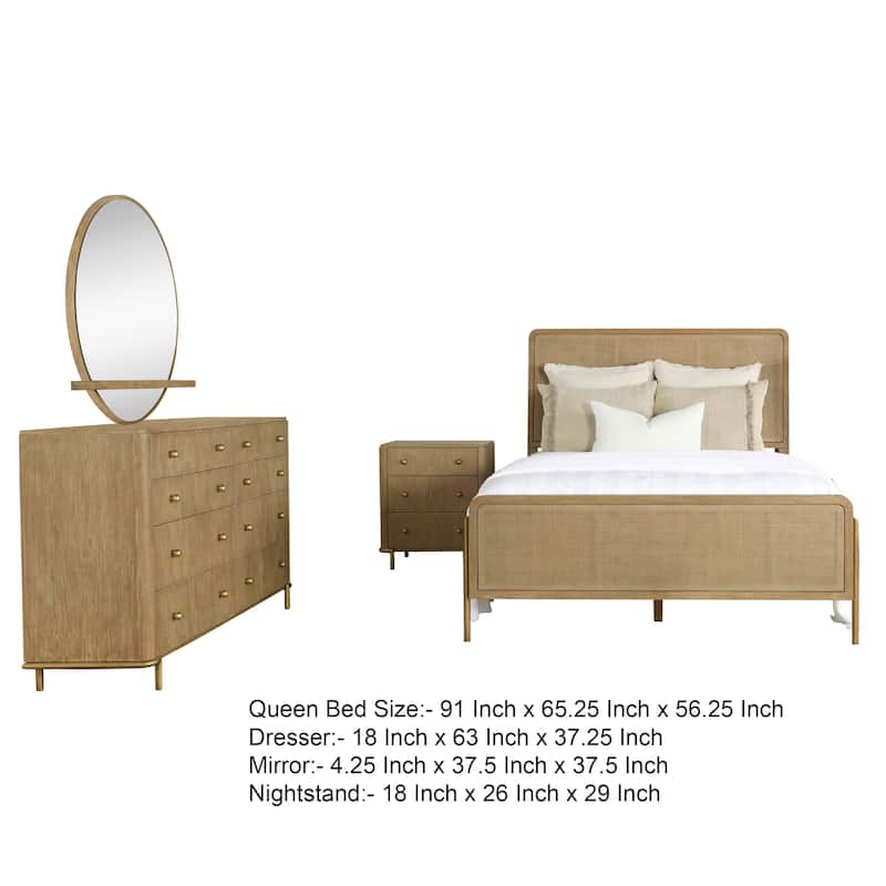 Fij 4pc Queen Bedroom Set w Round Dresser Mirror, Sand Brown, Rattan