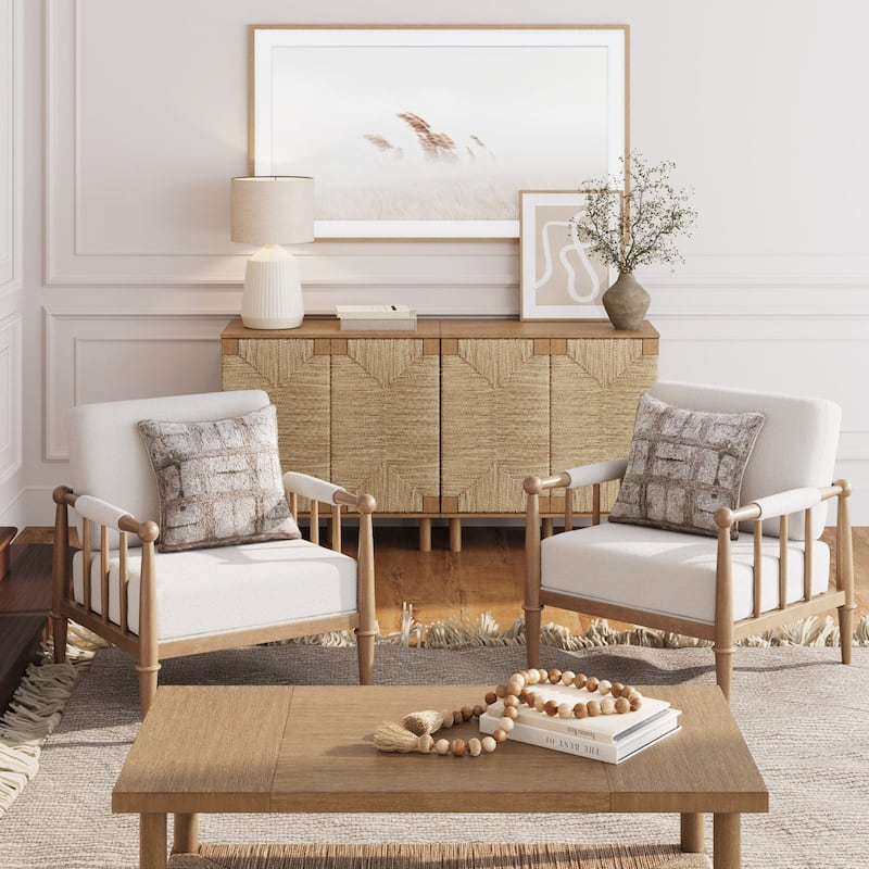 Spencer Boucle Accent Chair, Bohemian Armchair with Solid Wood Frame and Upholstered Foam Cushion