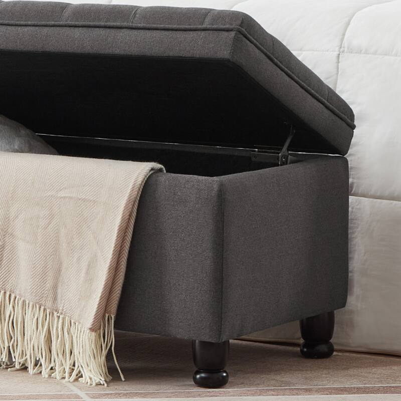 Bedroom End of Bed Bench with Spindle Wood Legs, Upholstered Decorative Stool Elegant Storage Bench with Flipping Lid