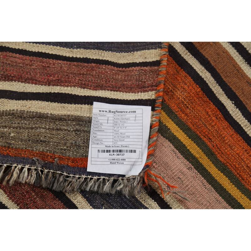 Striped Kilim Qashqai Persian Vintage Area Rug Flatweave Wool Carpet - 5'0"x 9'10"