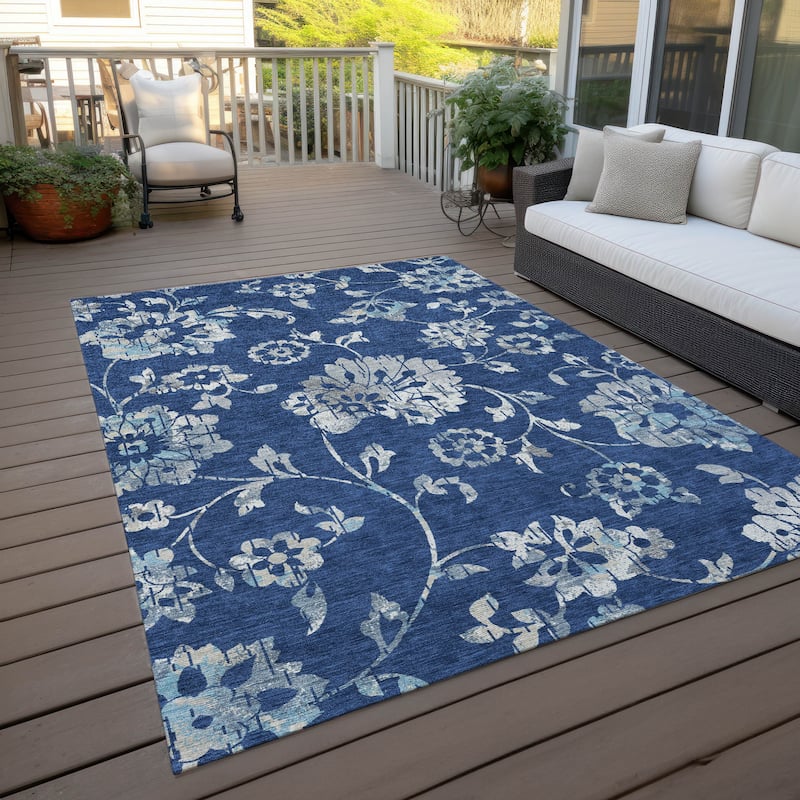 Machine Washable Indoor/ Outdoor Chantille Modern Floral Rug - Navy - 5' x 7'6"