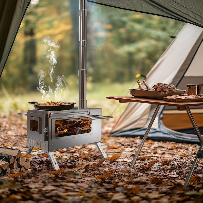 Large Camping Wood Stove, Portable Stainless Steel Hot Tent Stove with 7 chimney pipes - Silver