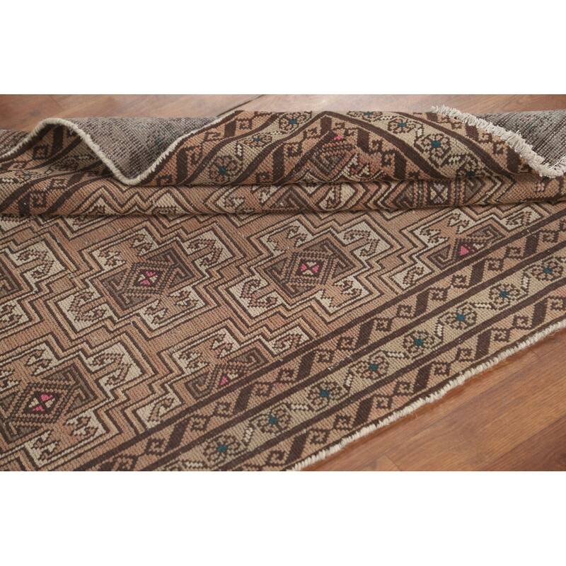Geometric Balouch Persian Vintage Runner Rug Handmade Wool Carpet - 3'4" x 8'8"