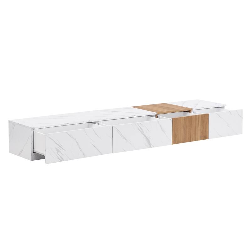 Modern Fashion TV Stand, for TVs Up to 88'' with Faux Marble and Walnut Wood Grain, 4 Storage Drawers, for Living Rooms, White