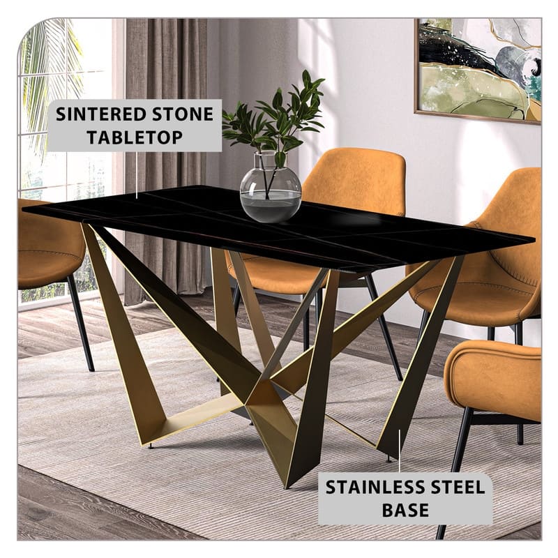 Nuvor Rectangular Sintered Stone or Glass Tabletop Dining Table with Powder-Coated Gold Steel Base for Kitchens & Dining Rooms