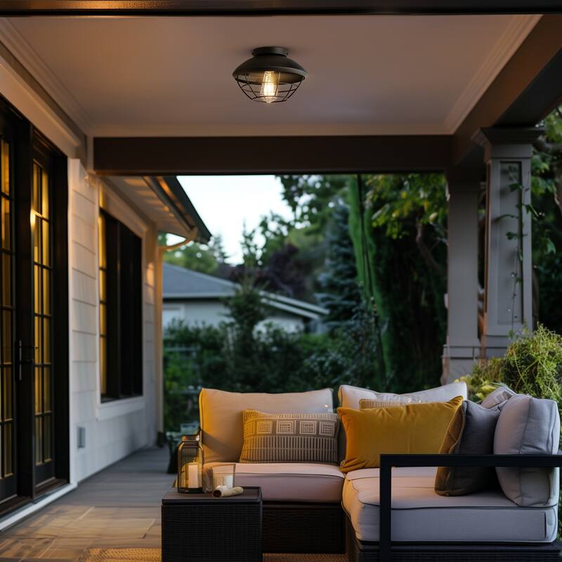 1-Light Outdoor Flush Mount Ceiling Light, Matte Black, Metal Cage Shade, Weather Resistant, Indoor - 10"