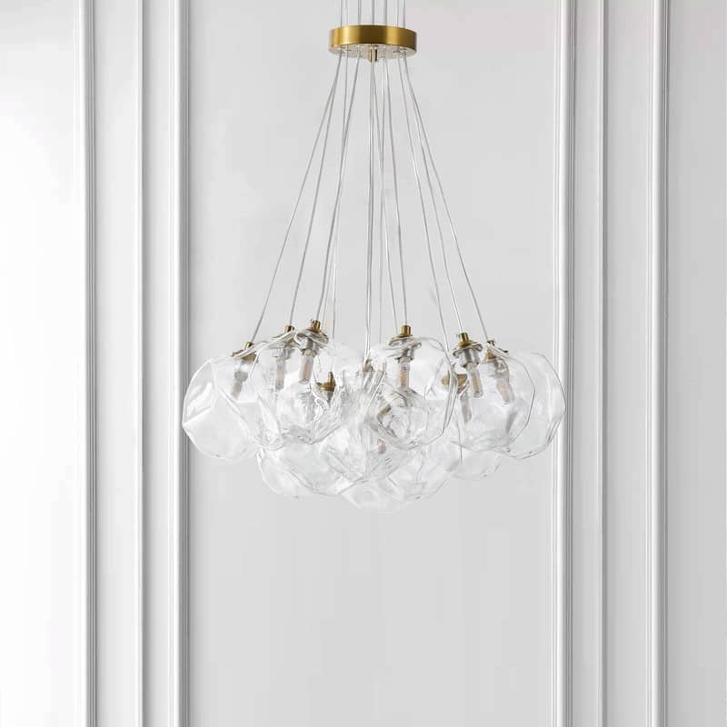 Modern 13-Light Stone Glass Globe Cluster Chandelier in Brass Finish - N/A