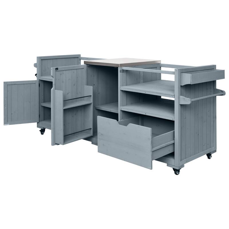 80 Inch Outdoor Kitchen Island with Solid Fir Wood and Stainless Steel Top